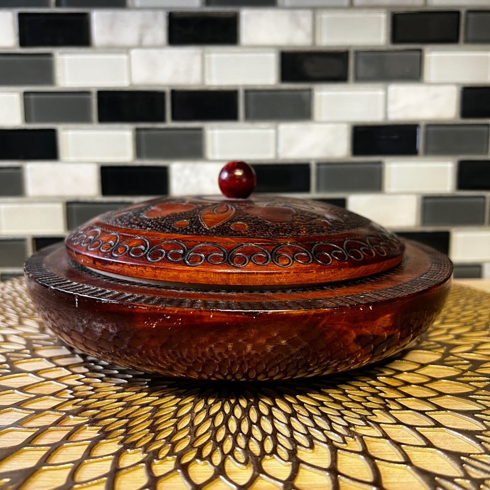 Polish Hand Carved Wood Trinket Box Dish Lid & Bowl Decorative Storage Container - Picture 6 of 10